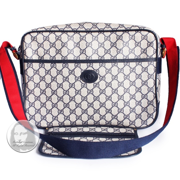 Gucci Messenger Bag GG Plus Canvas Travel Carry On Removable Pouch Navy Vintage - Picture 1 of 14